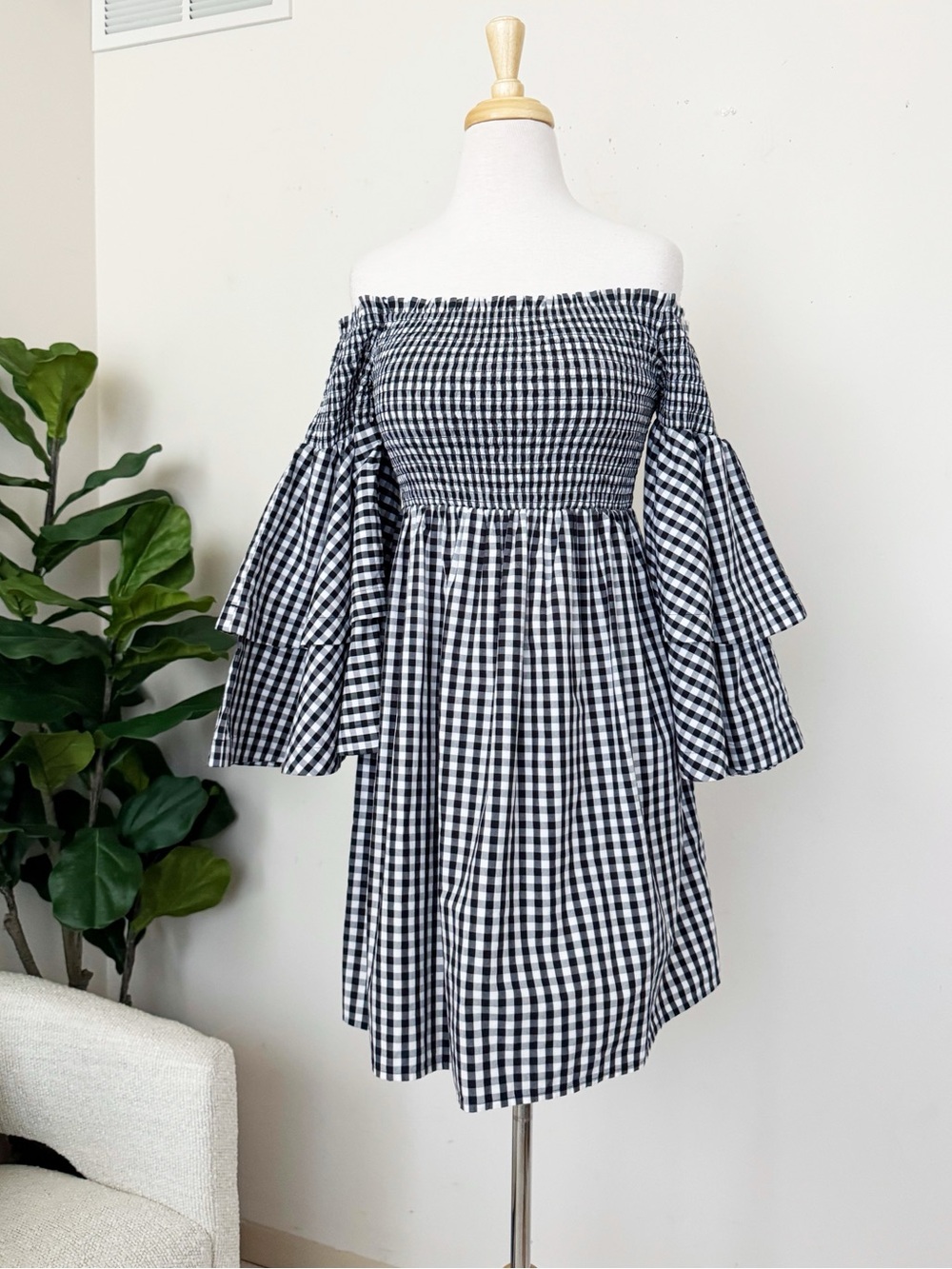 Bp Smocked Off The Shoulder Bell Sleeve Lexi Gingham Mini Cottage
